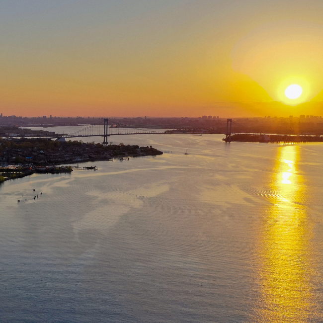 Aeria view of Queens, NY at sunset