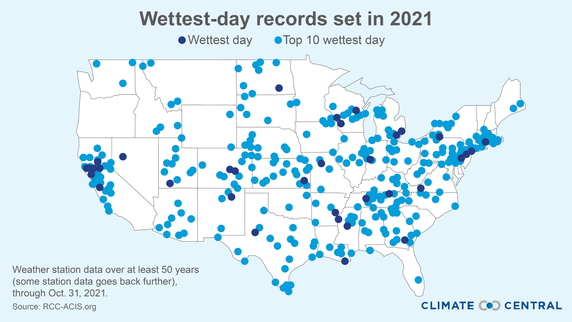 Map of wettest-day records set in 2021, with many data points for the wettest or top 10 wettest days both inland and along coasts in the U.S., using weather station data dating over at least 50 years (via Climate Central)