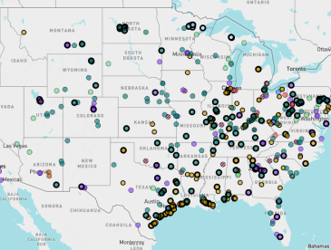 A screenshot of a Polluter Pass Map showing places that have been granted pollution exemptions in the U.S.